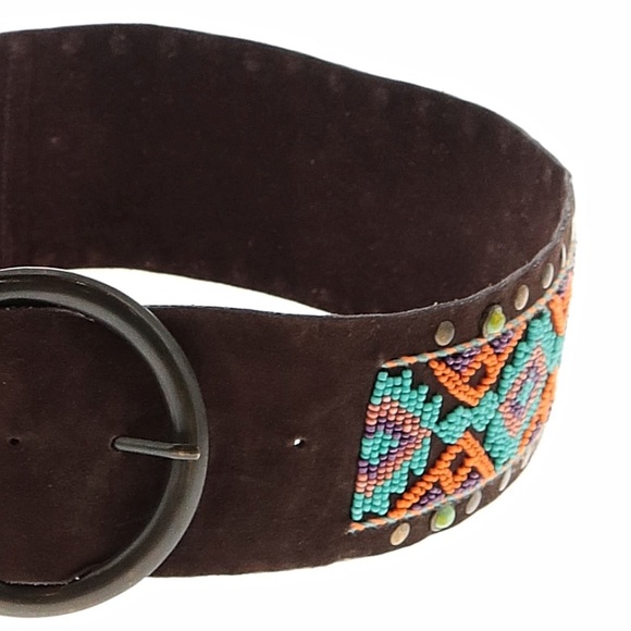 Tasha Polizzi Leather Fringe Belt seed beaded turquoise brass studs RTL 395 NWOT - Picture 4 of 8